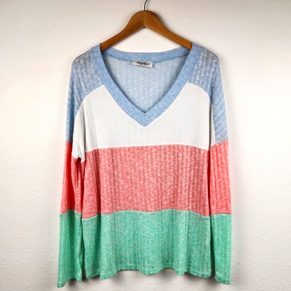 Haptics Soft Colorblock Stripes Light Ribbed V-Neck Long Sleeve Top Size Medium